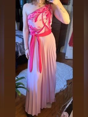 Vintage Alfred Shaheen Pink One Shoulder Pleated Maxi Dress